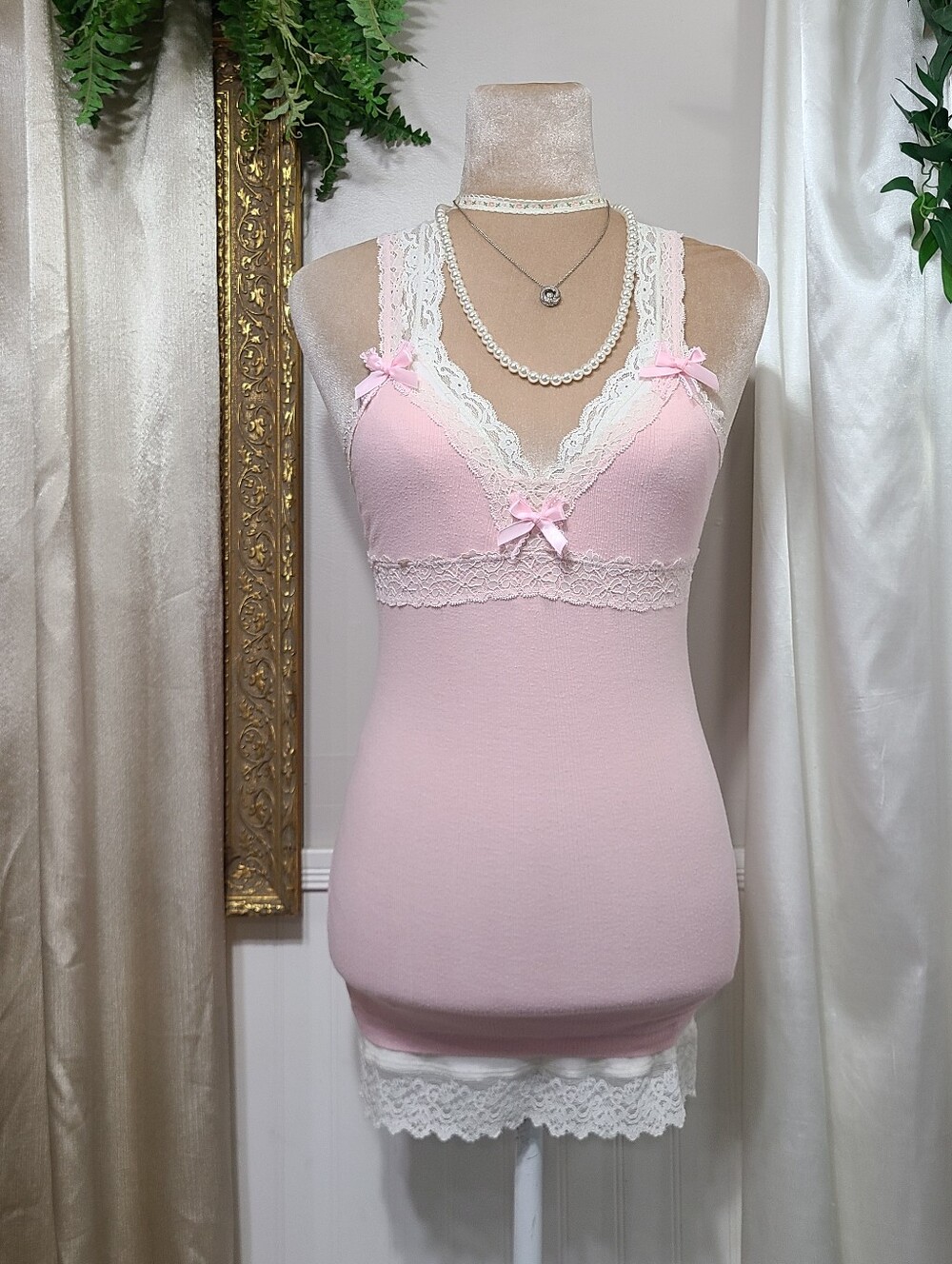 ♡ Y2K ♡ Abercrombie And Fitch Baby Pink Lace Cami Satin Bows Tank Top